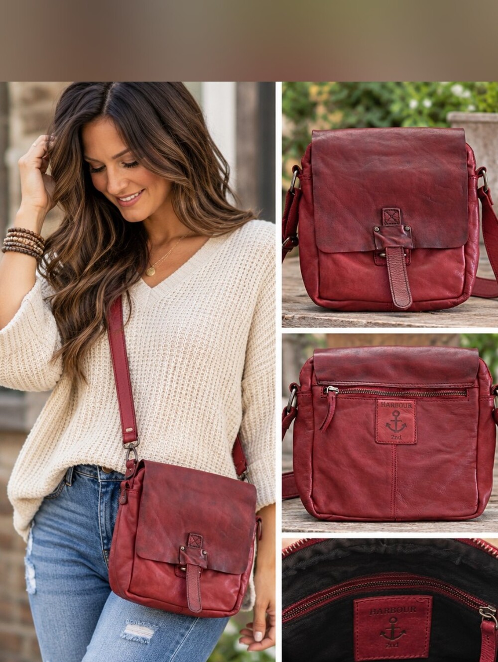 Harbour 2nd Red Leather Crossbody Flap Messenger Bag Anchor Logo
